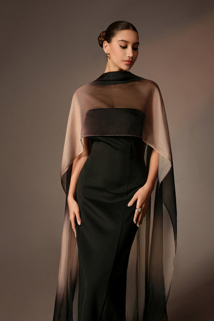 Black strapless maxi dress with sheer gradient cape - view 3
