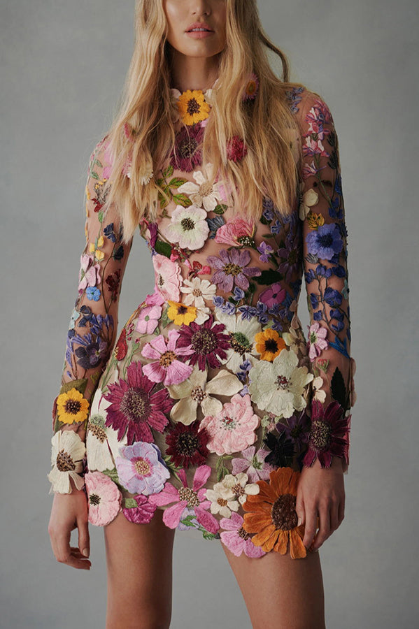 Elegant Polyester Floral Applique Backless Mini Dress - 2
