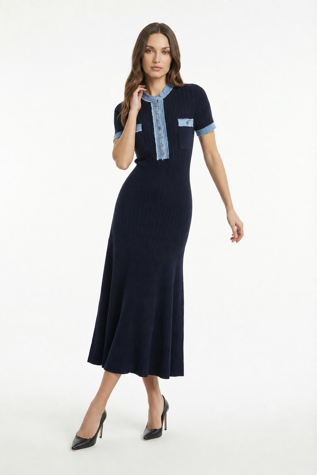 Denim Patchwork Knit Maxi Dress - 4