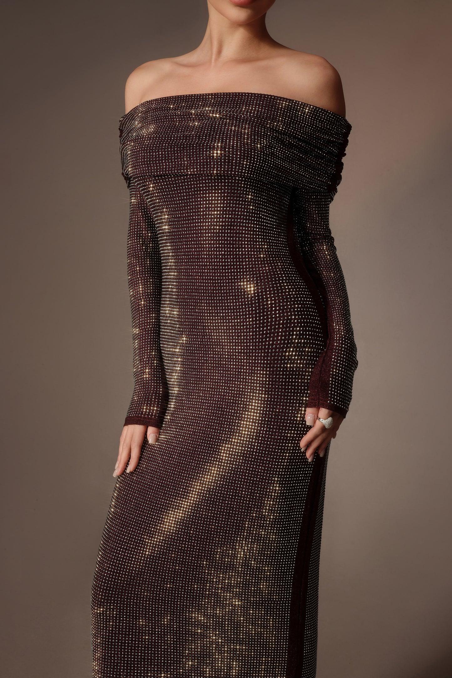 Burgundy rhinestone off-shoulder column maxi dress - view 5