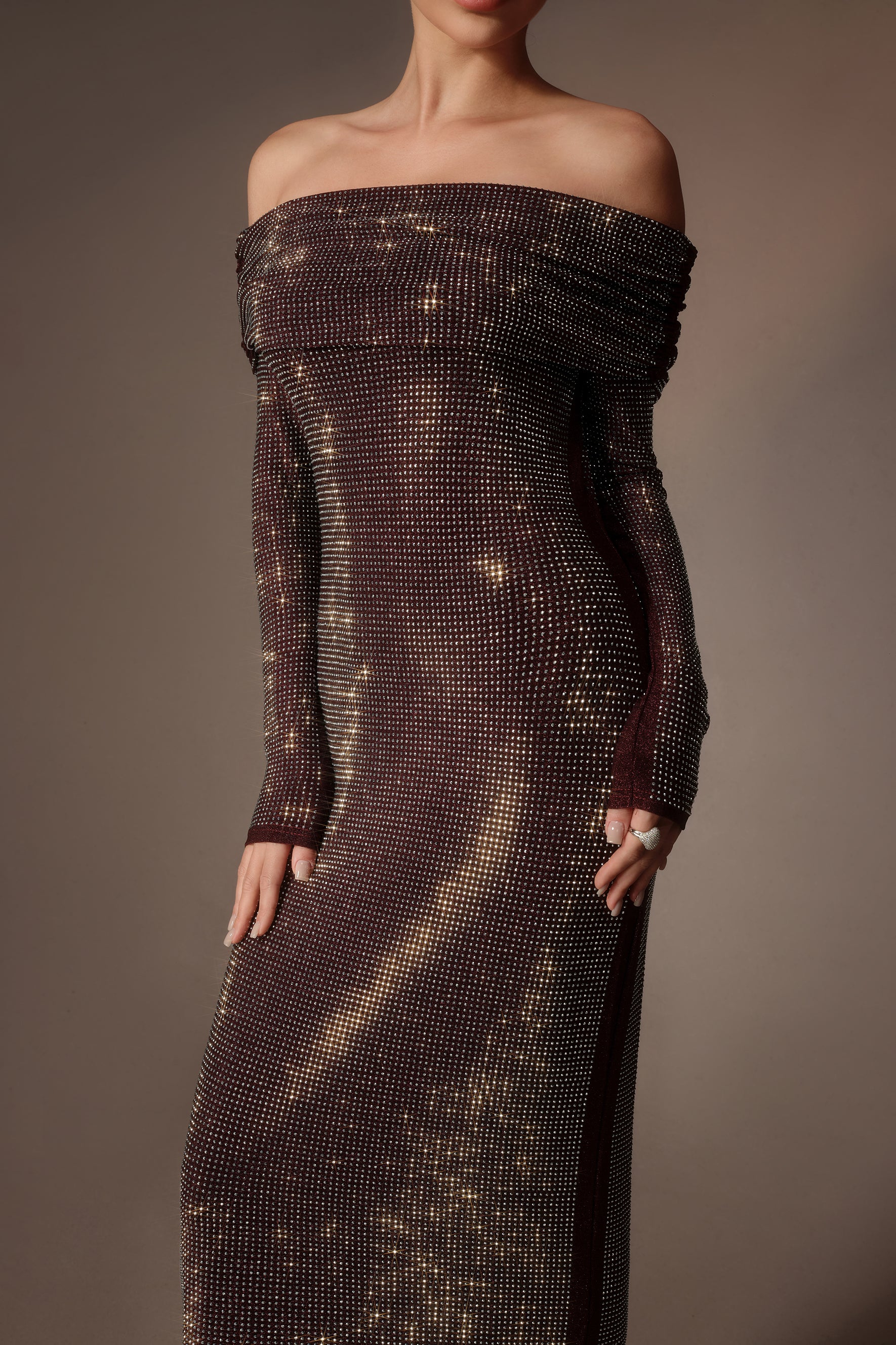 Burgundy rhinestone off-shoulder column maxi dress - view 5