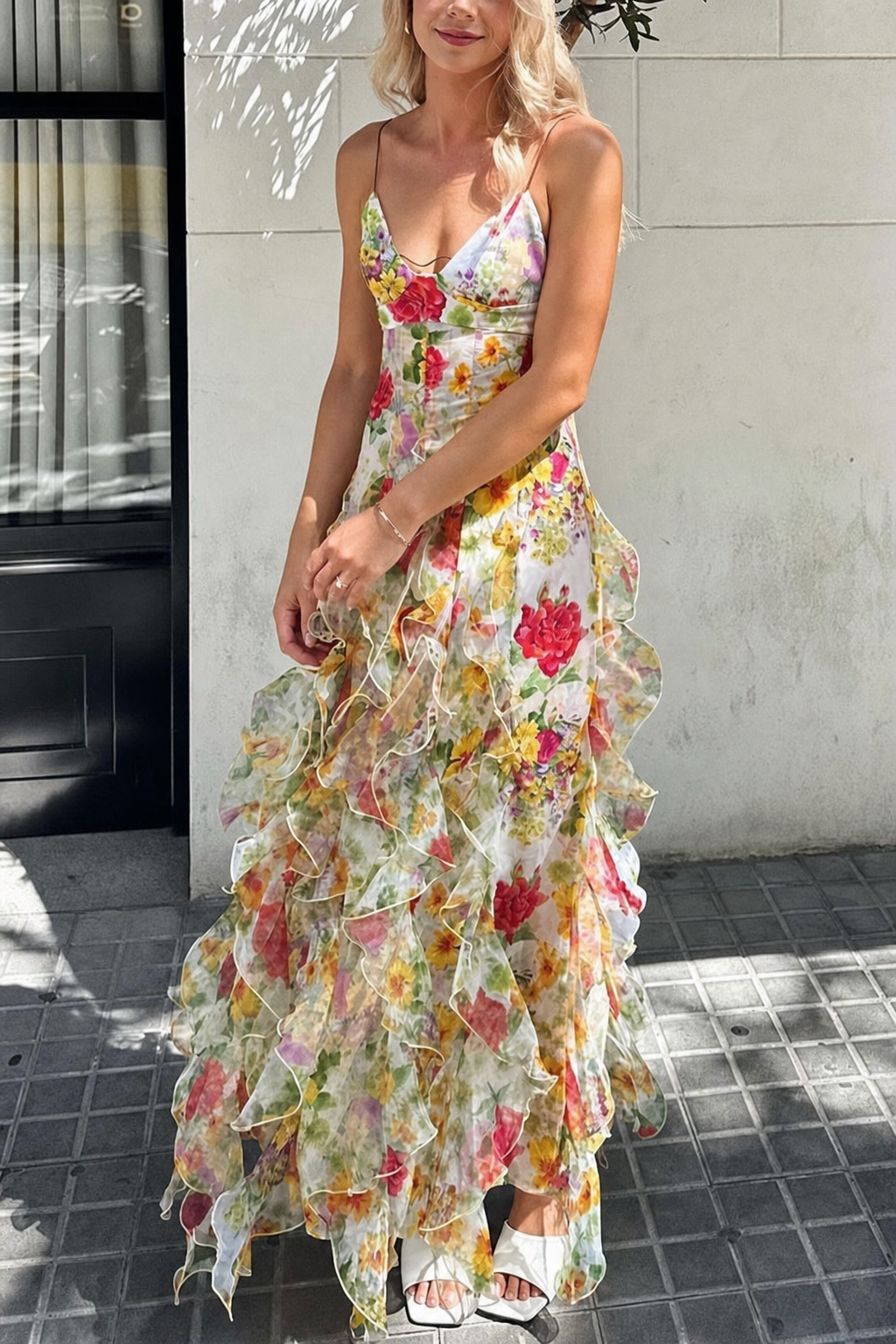 Blue Floral Tiered Ruffle Chiffon Maxi Dress - view 4