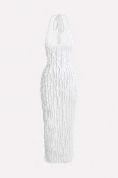 Ruffle Mesh Halter Maxi Dress