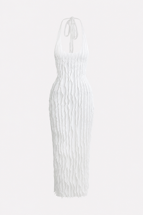 Ruffle Mesh Halter Maxi Dress
