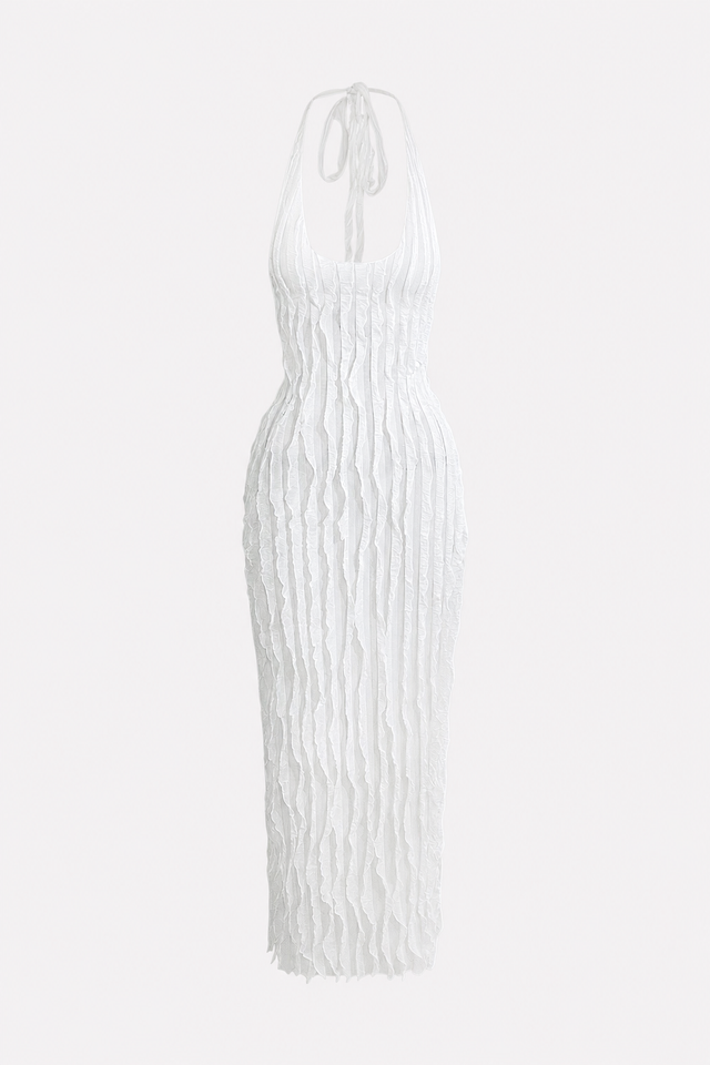 Ruffle Mesh Halter Maxi Dress