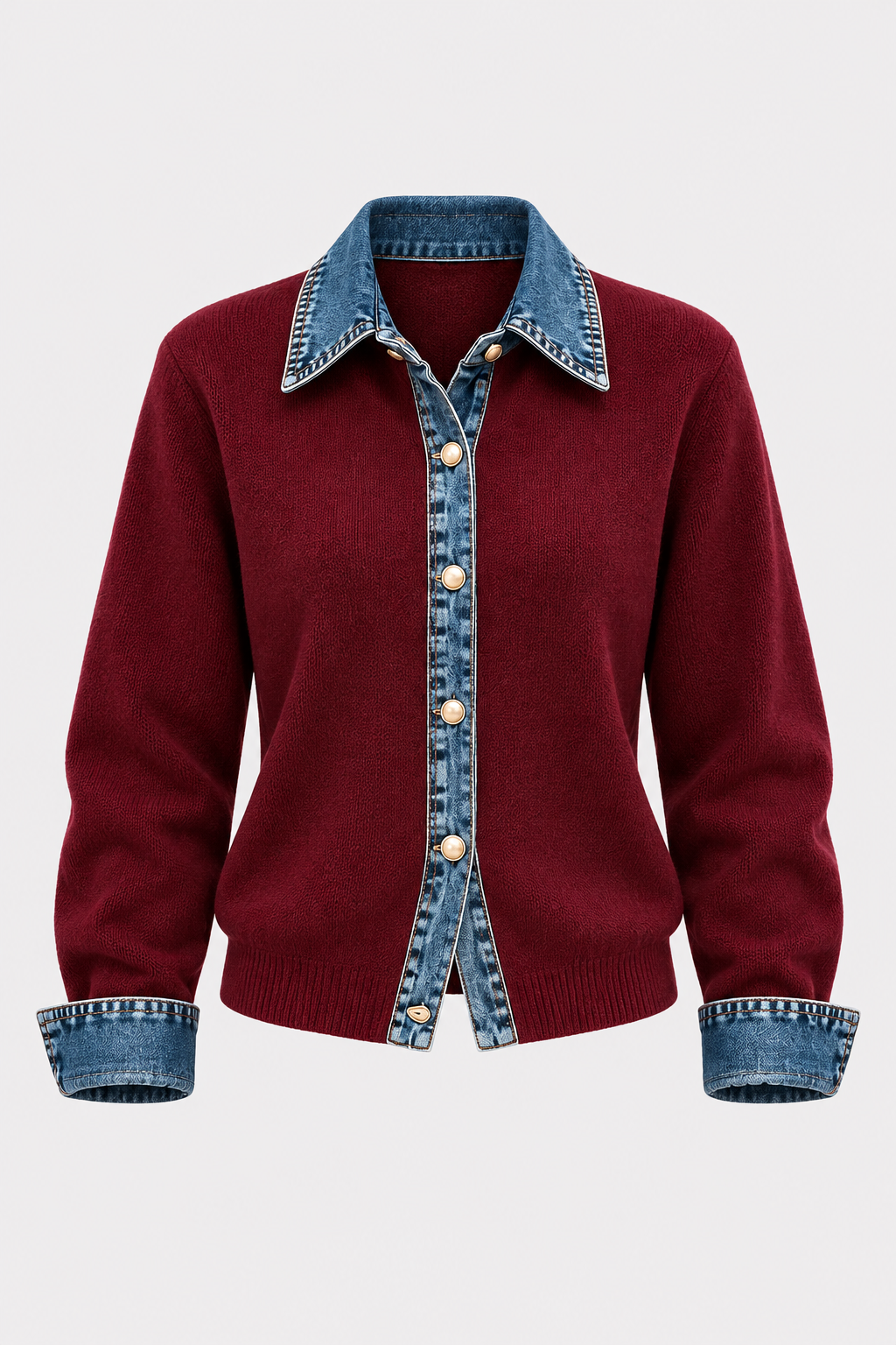 Denim Knit Patchwork Button Cardigan - 1