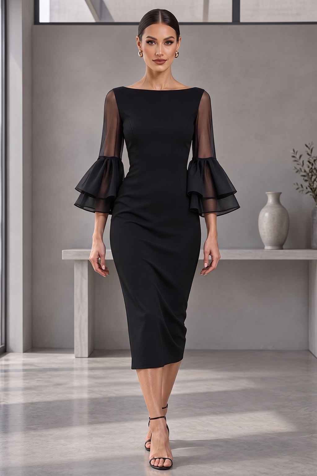 Polyester Bodycon Midi Dress With Bell Sleeves - 2