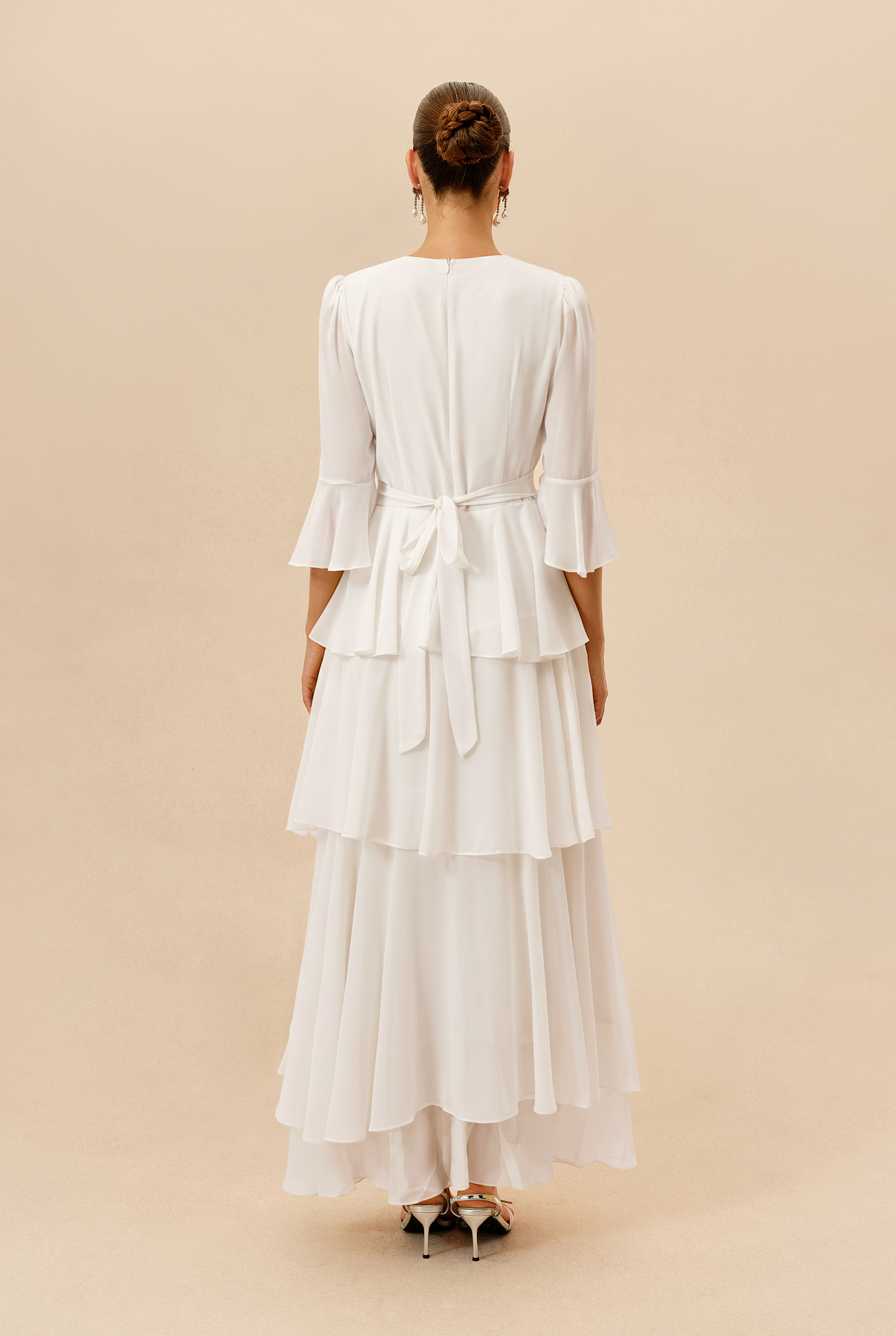 White tiered chiffon maxi dress with flared sleeves - view 4