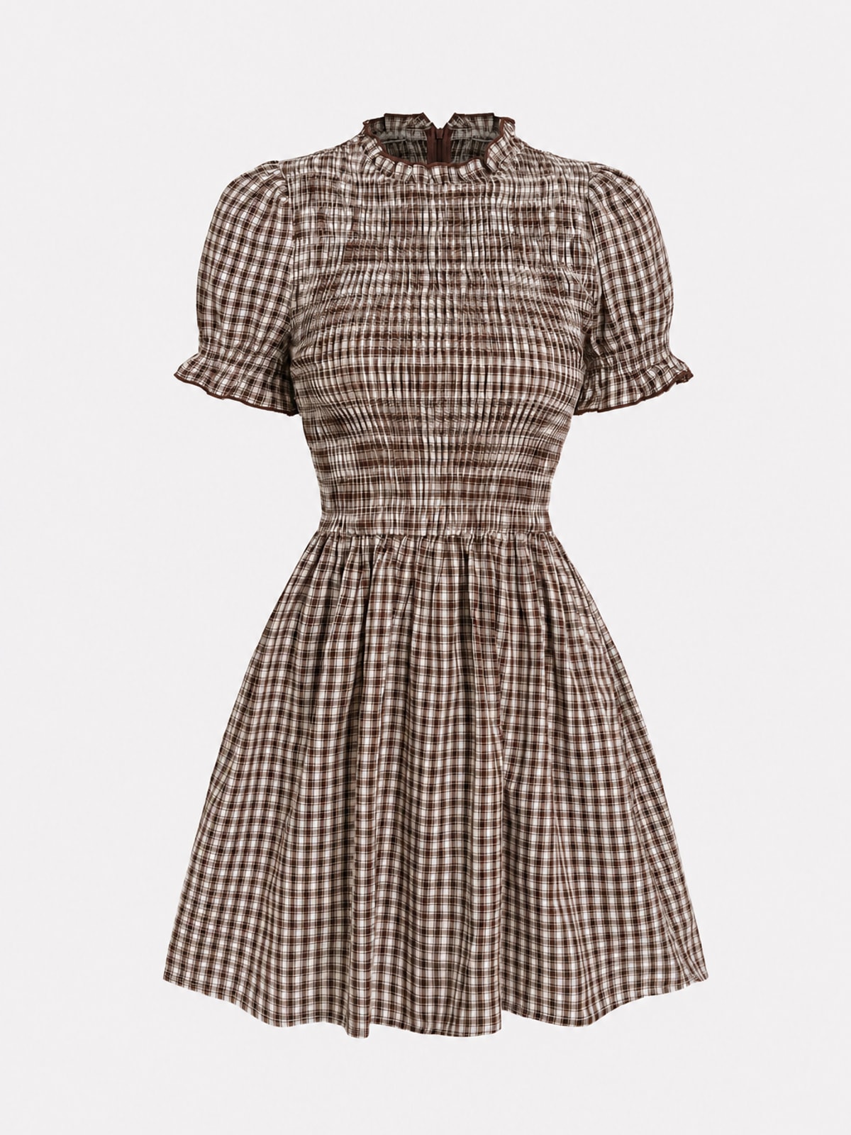 Gingham Mini Dress with Puffed Sleeves and A-Line Fit - 1