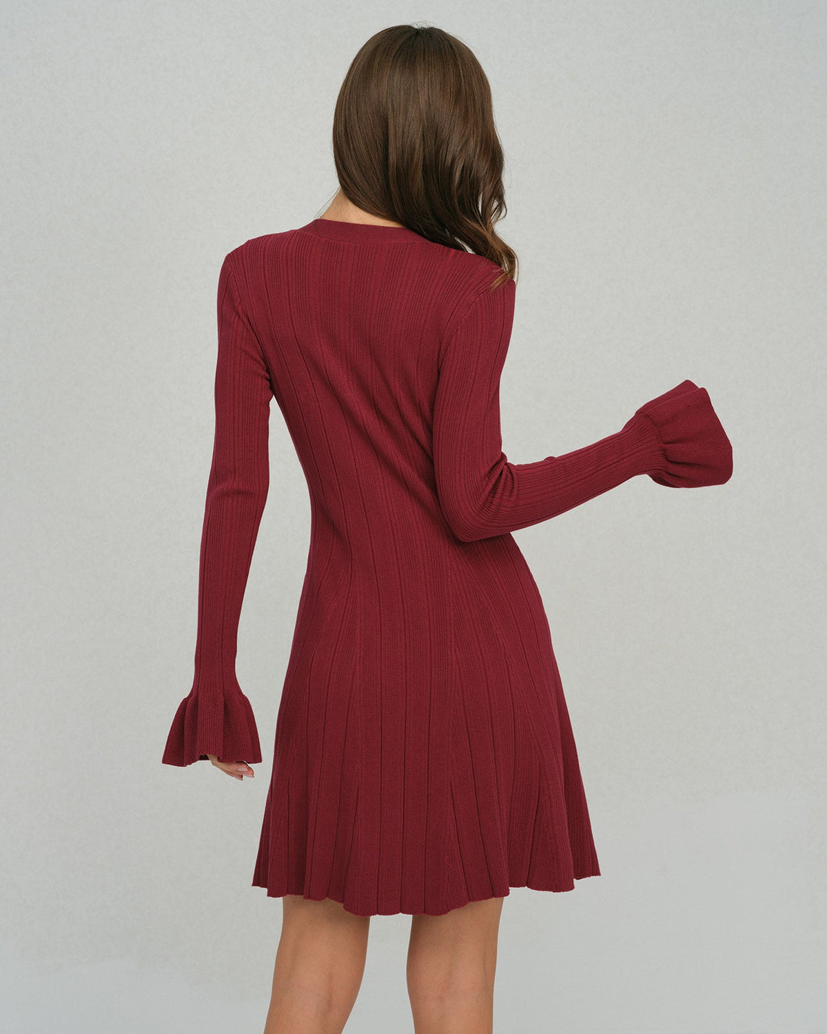 Wine red A-line bell sleeve knit mini dress - view 4