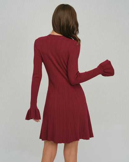 Wine red A-line bell sleeve knit mini dress - view 4