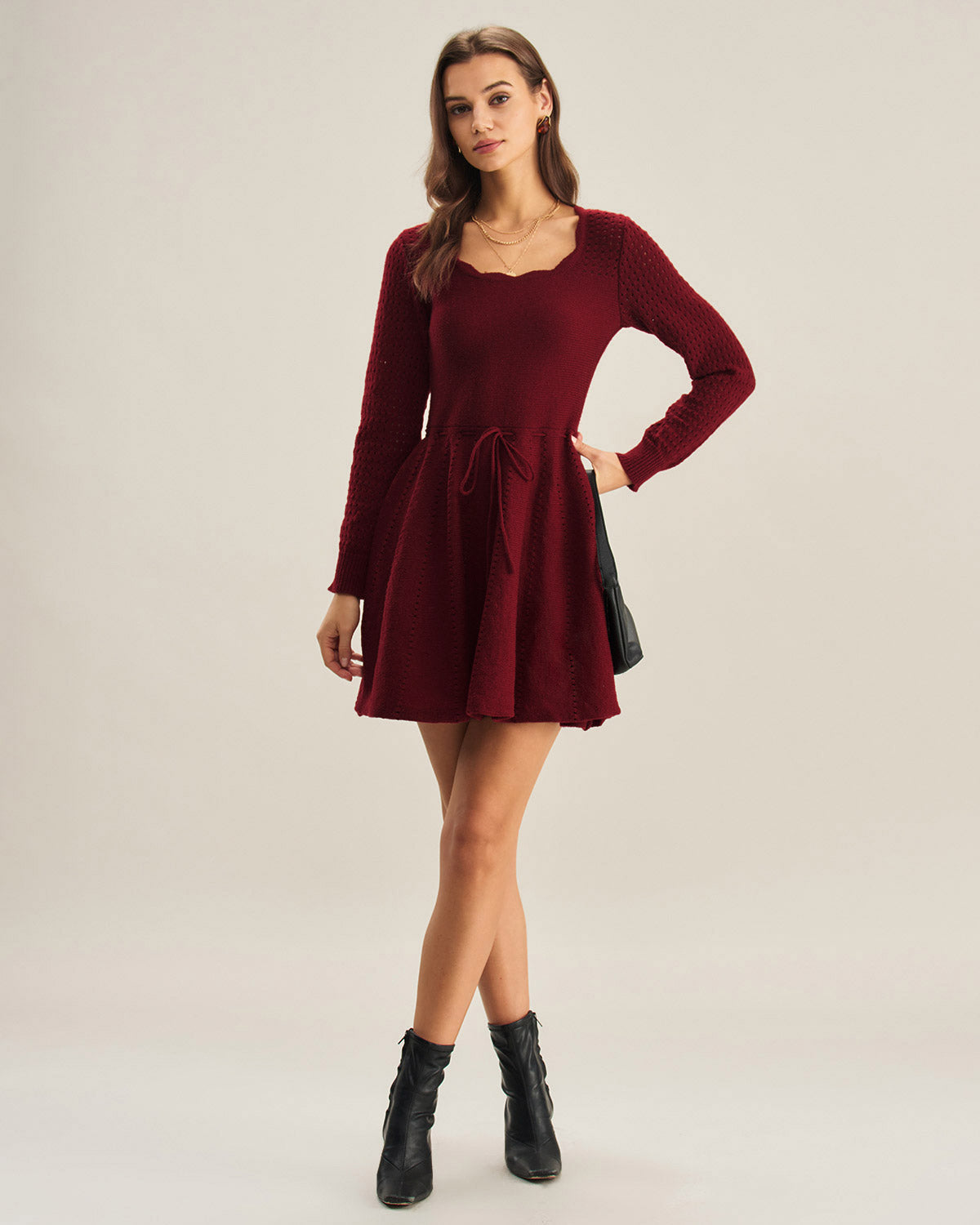 Wine Red A-Line Sweater Dress With Tie-Waist Ribbed Knit - 4