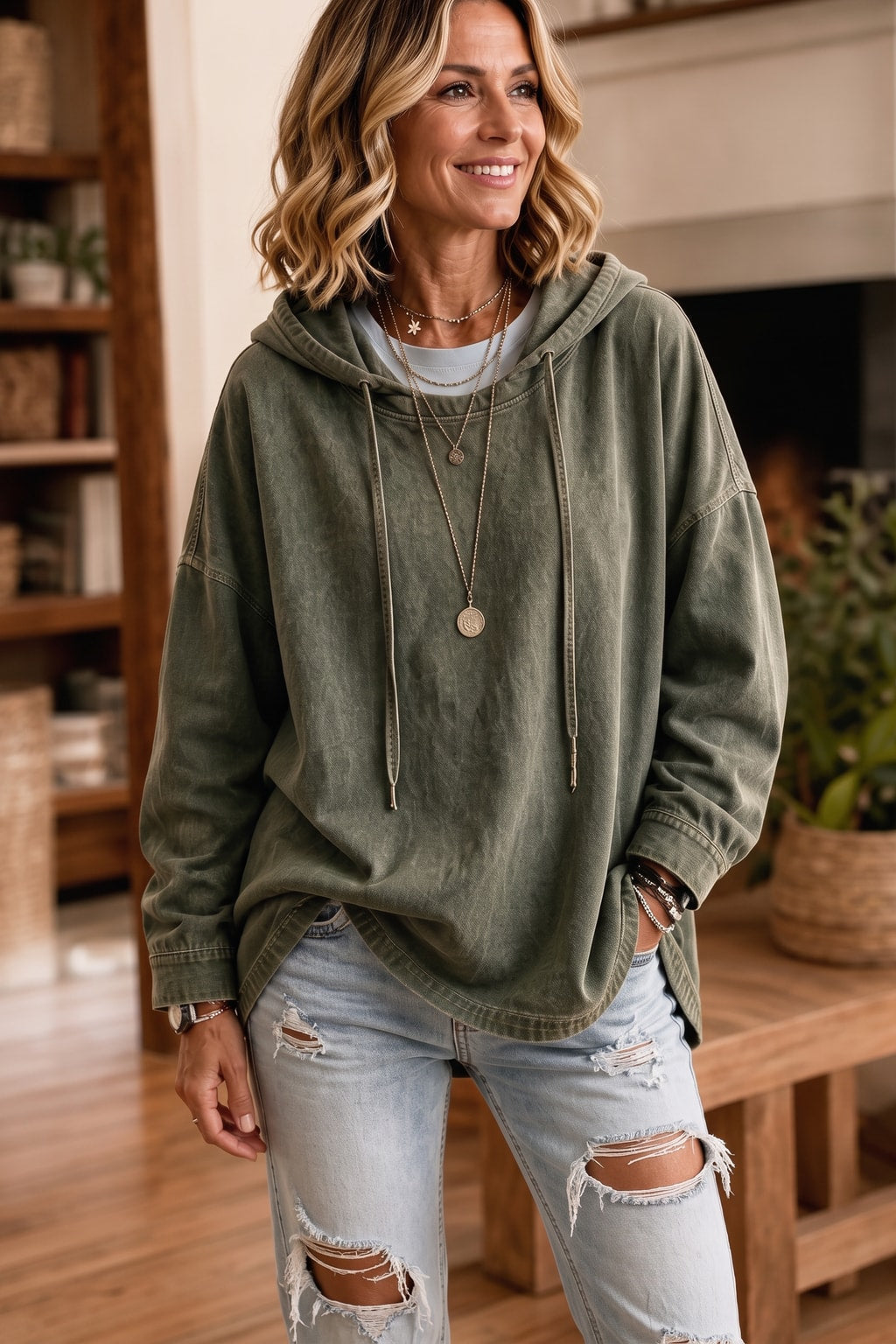 Denim-Look Oversized Dropped-Shoulder Hoodie - 7