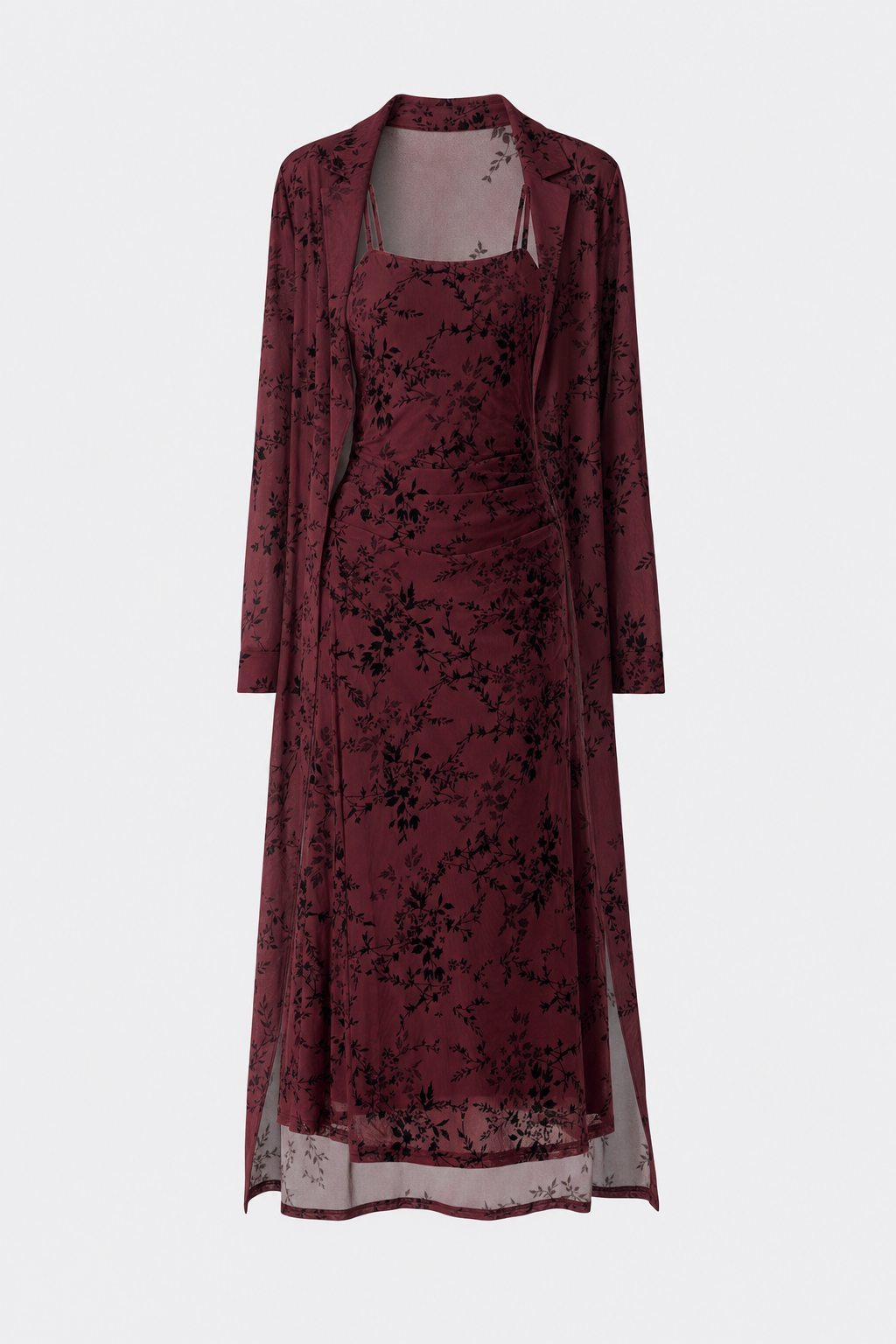 Wine red floral slip midi dress with matching cardigan