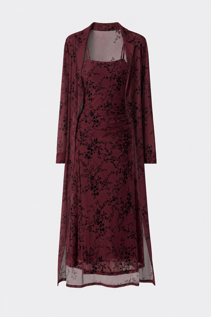Wine red floral slip midi dress with matching cardigan