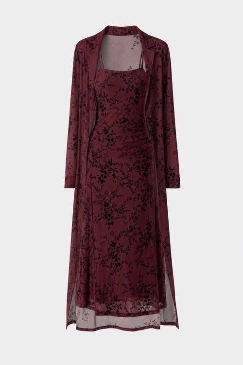 Wine red floral slip midi dress with matching cardigan