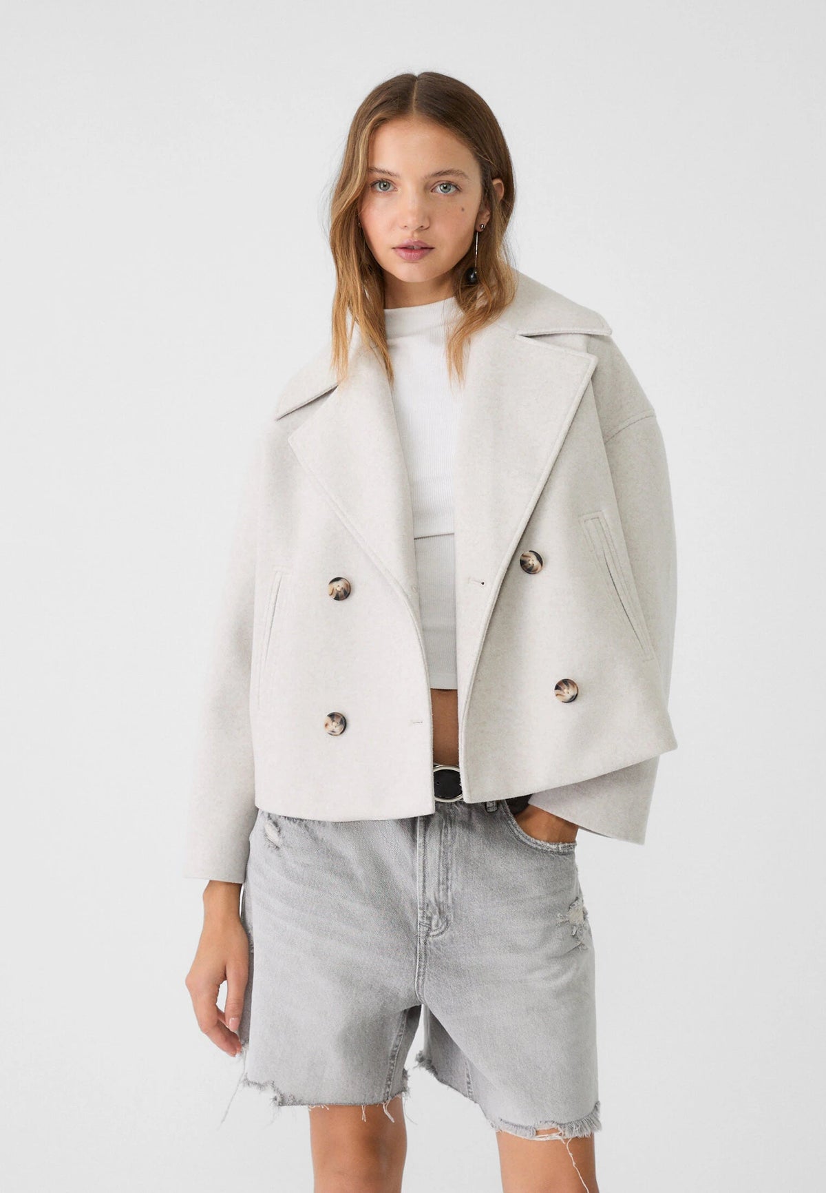 Cropped wool blend peacoat with notch lapel - view 2