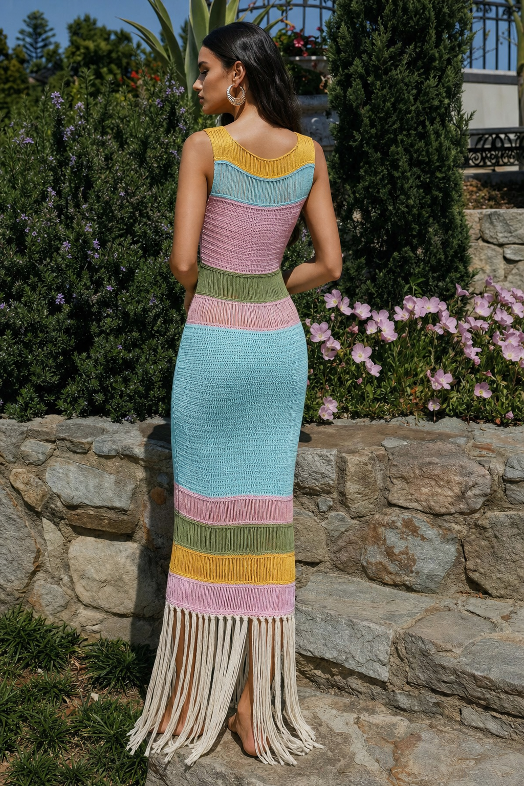 Open Knit Fringe Sleeveless Midi Dress - view 4