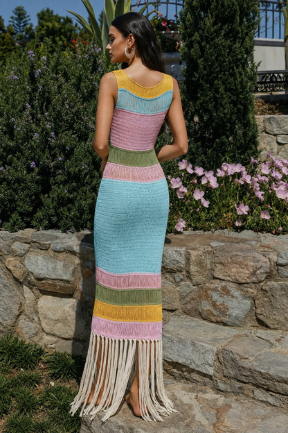 Open Knit Fringe Sleeveless Midi Dress - view 4