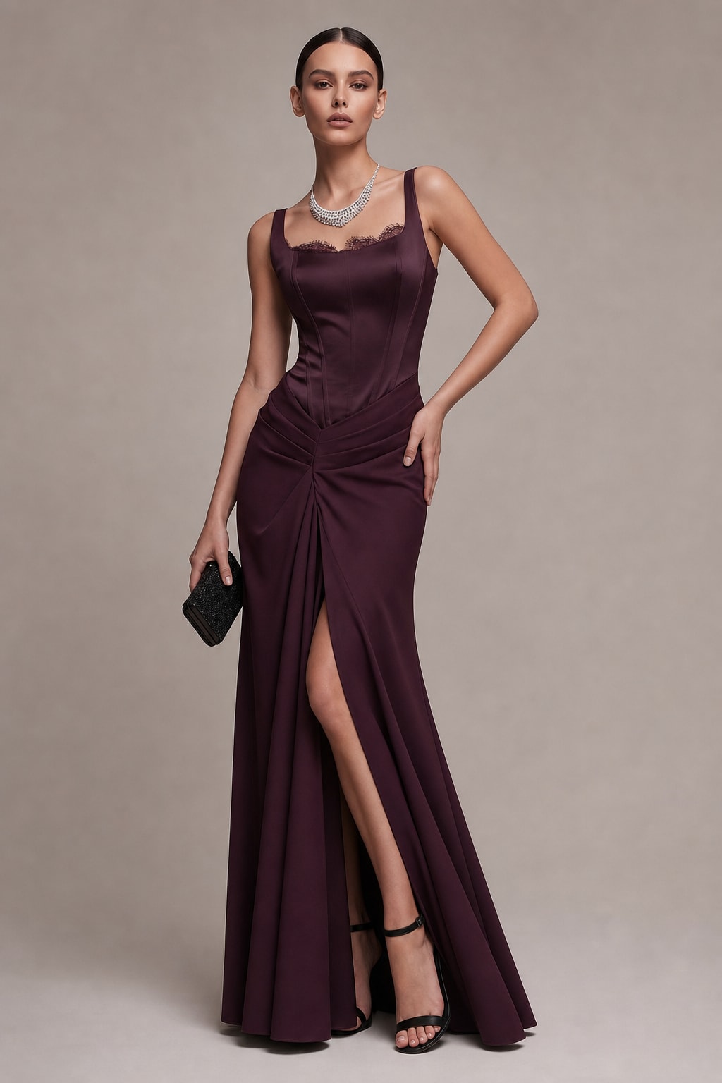 Polyester Corset Sheath Formal Dress In Burgundy - 2