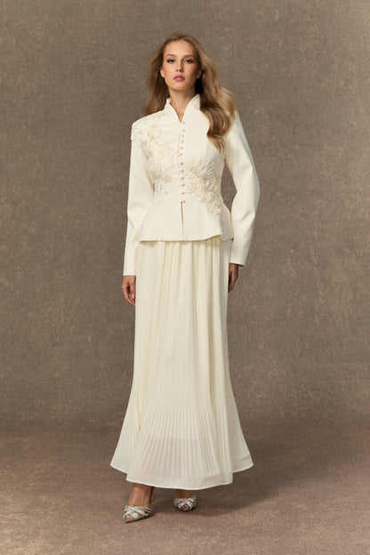 Lace applique peplum jacket and pleated skirt set - view 2