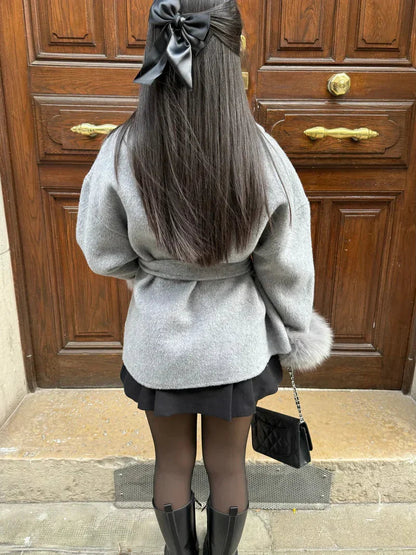 Faux Fur Collar Jacket with Cinched Waist - view 13