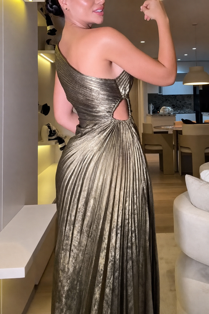 Metallic Gold One-Shoulder Pleated Maxi Dress - view 4