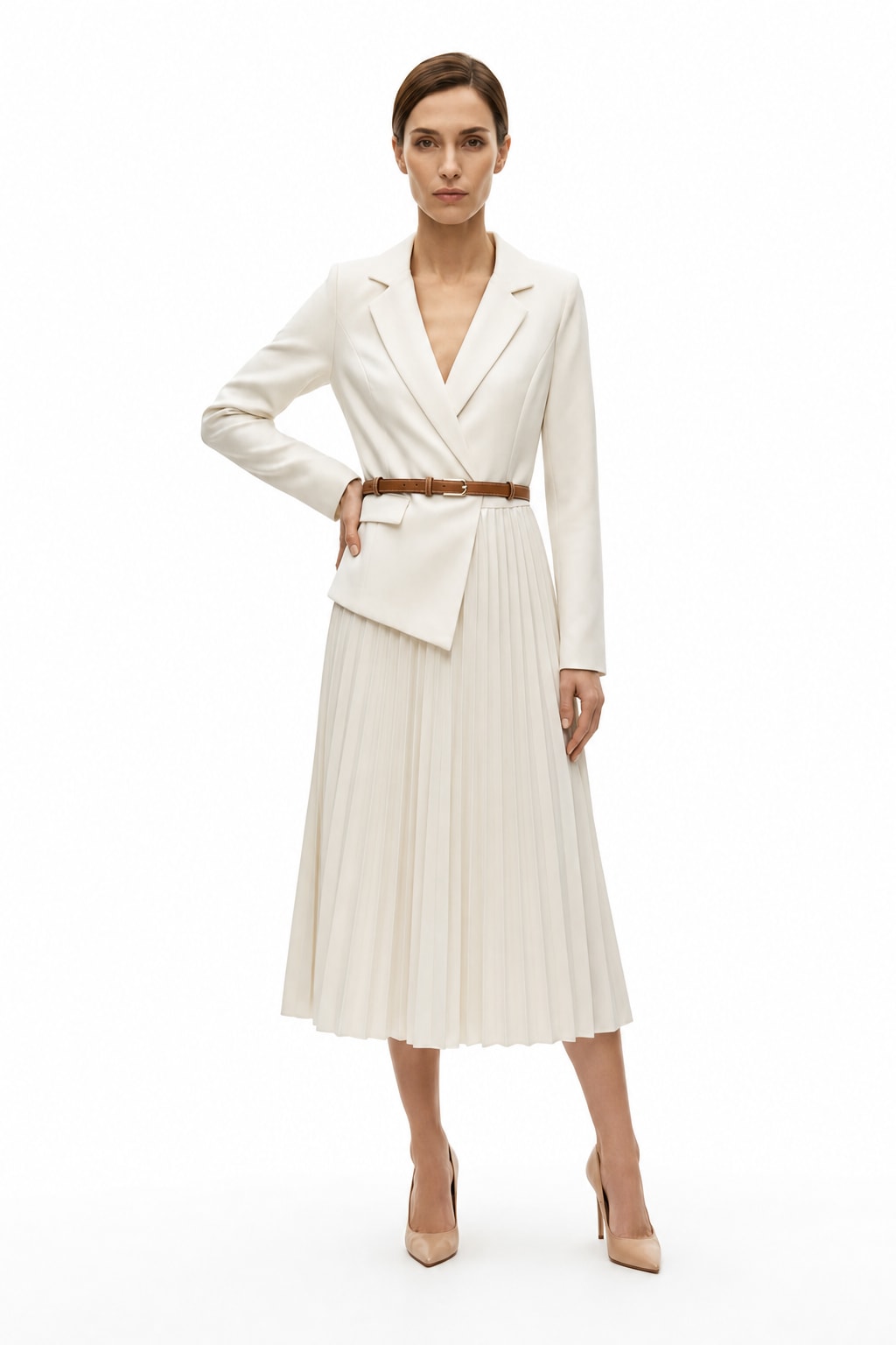Woven Blazer & Patchwork Pleated Skirt Set - 2
