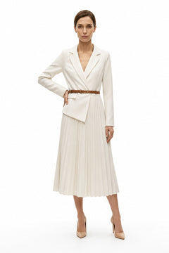Woven Blazer & Patchwork Pleated Skirt Set - 2