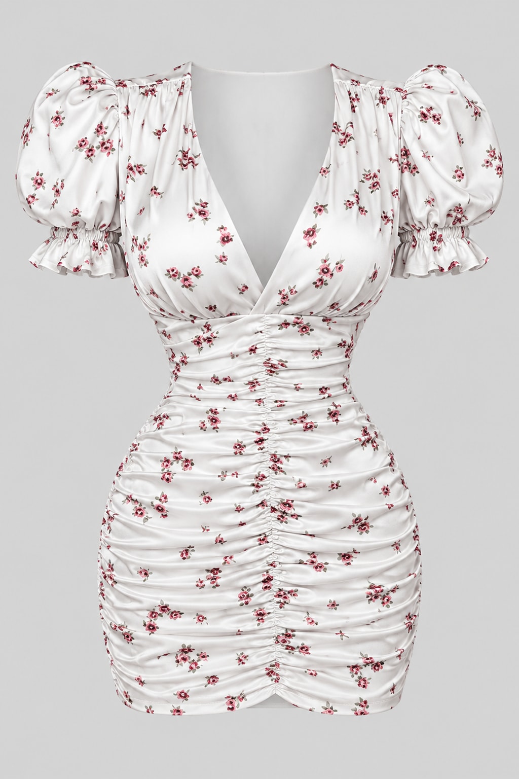 White satin mini dress with a ditsy rose print, deep V neckline, puff sleeves and ruching through the body