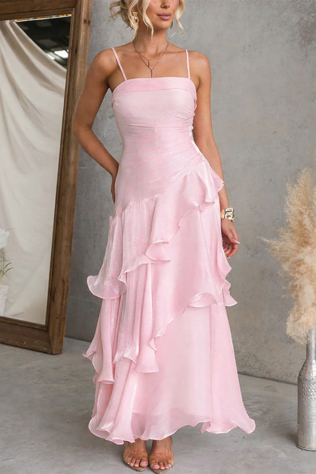 Polyester Maxi Dress With Square Neck And Ruffles - 11