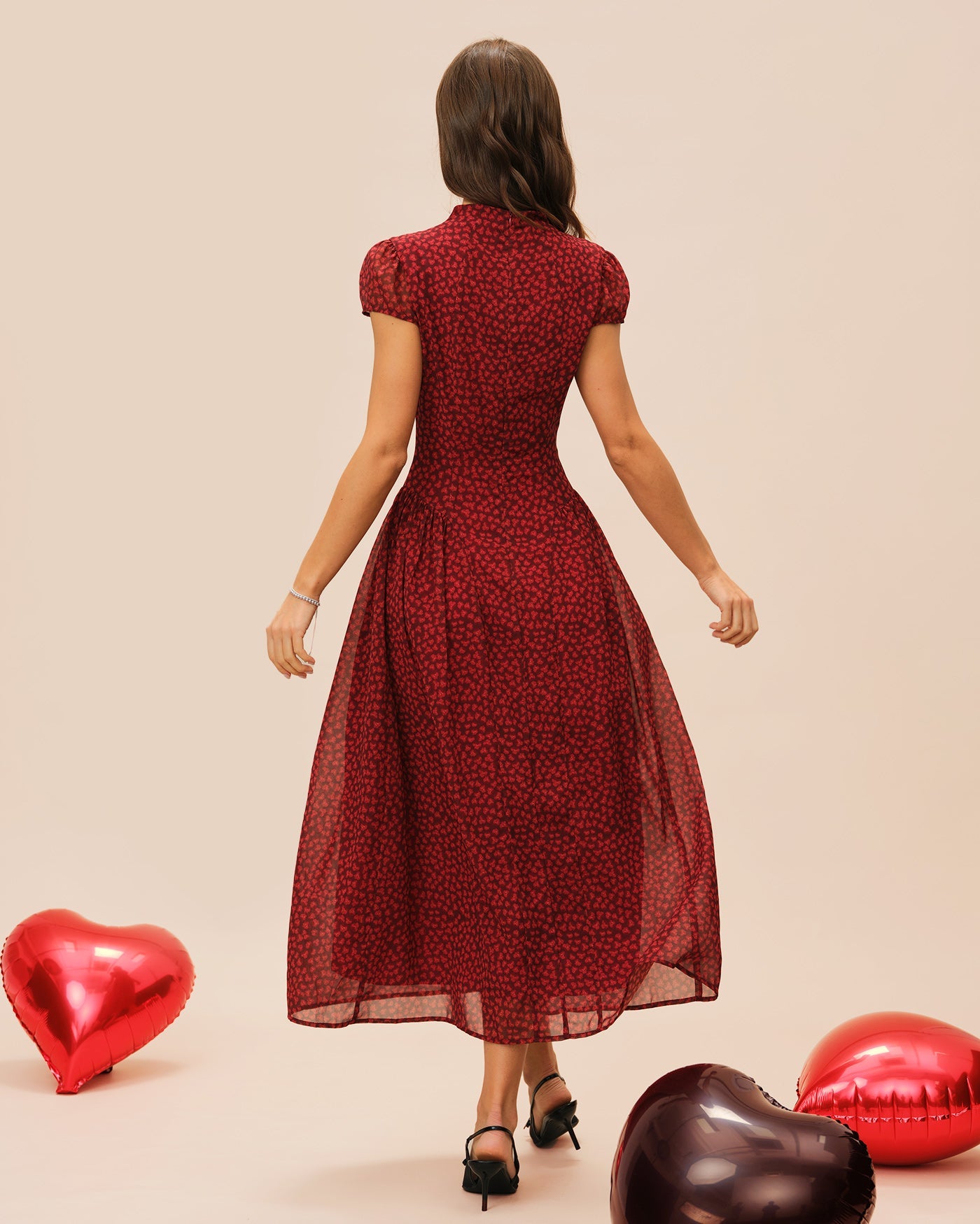 Red floral chiffon maxi dress with cap sleeves - view 4