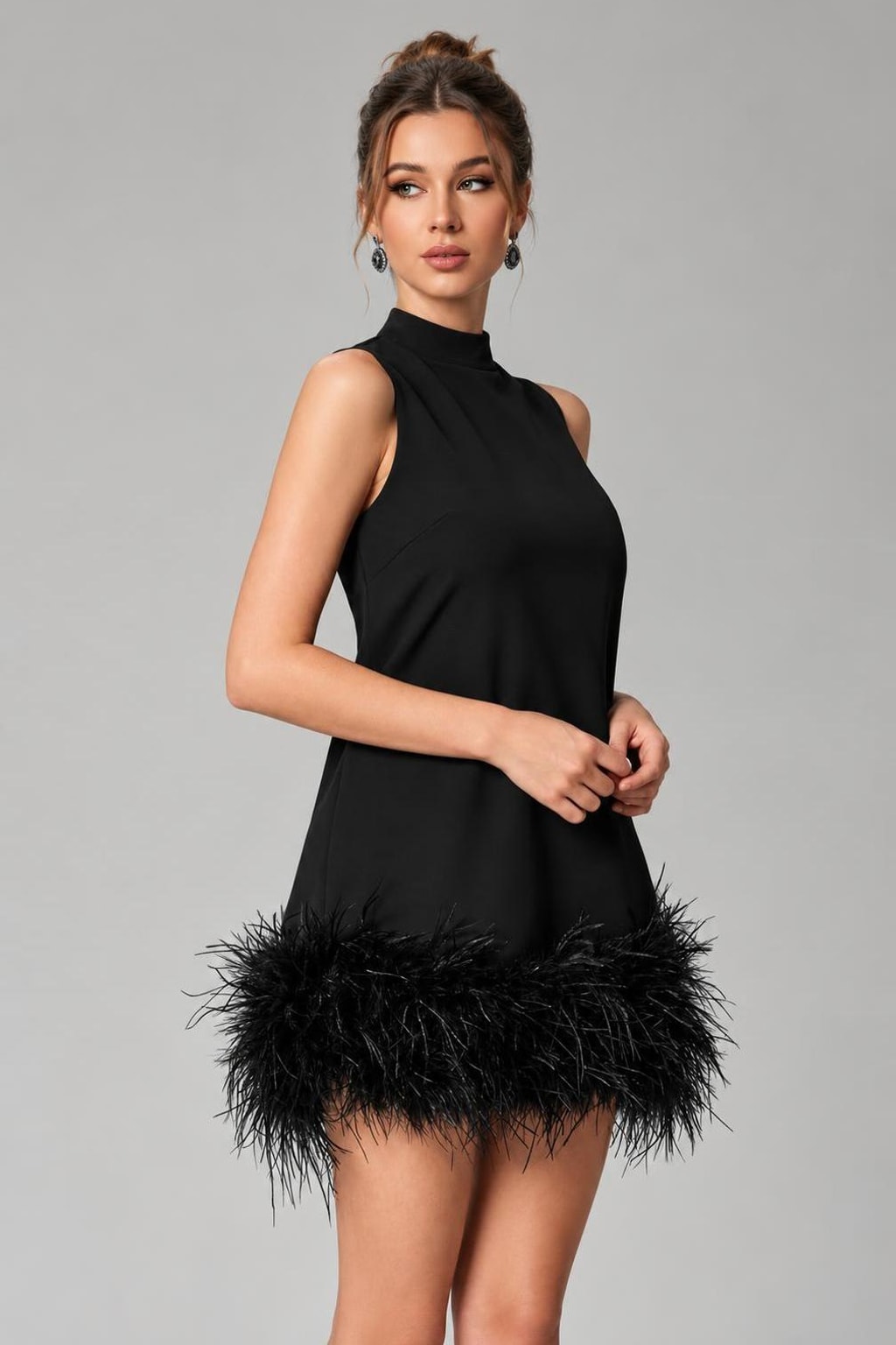 Mock Neck Sleeveless Mini Dress With Feather Hem Holiday Party-7