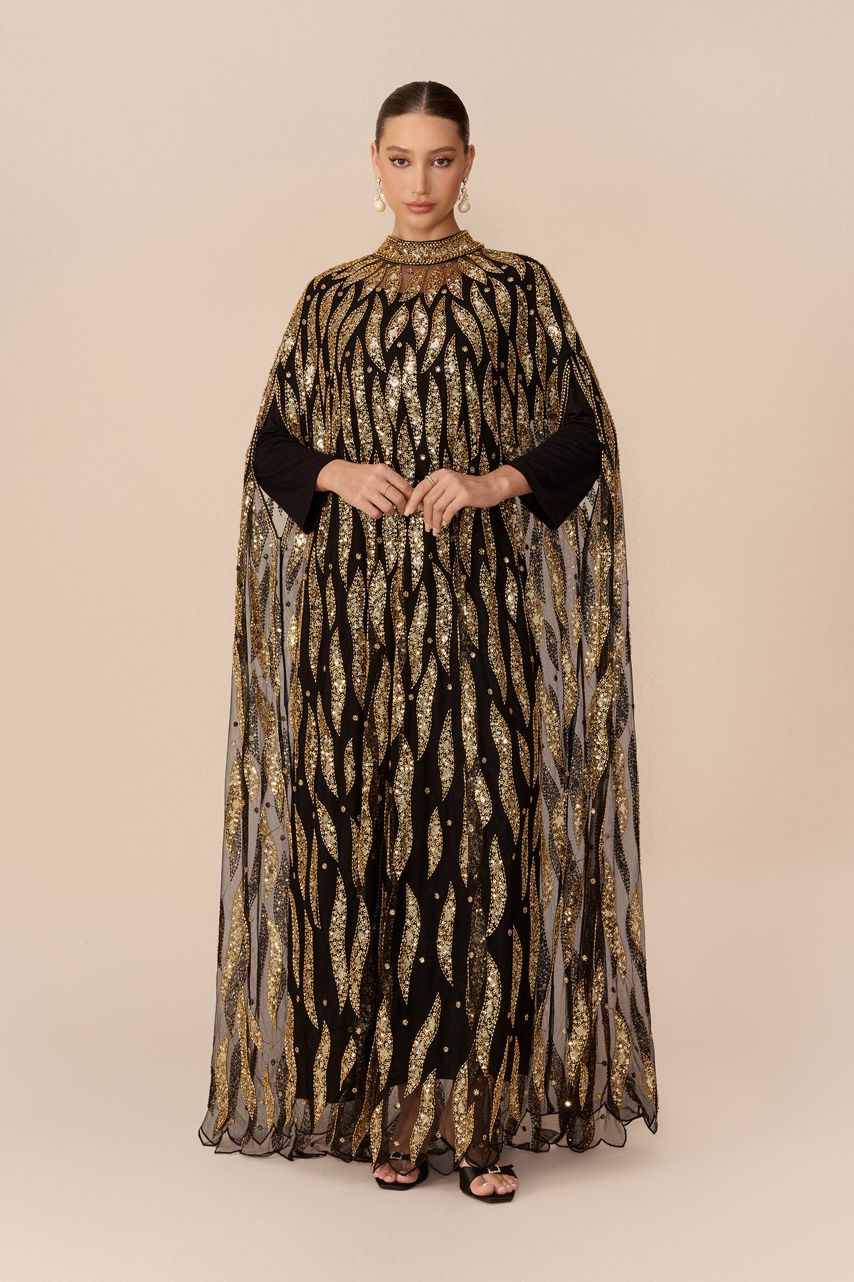 Black sequin embroidery cape-sleeve maxi dress - view 4