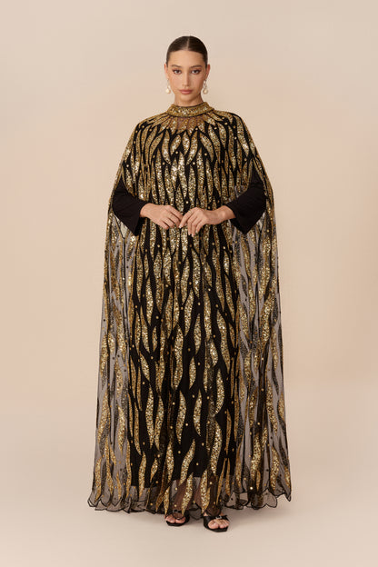 Black sequin embroidery cape-sleeve maxi dress - view 4