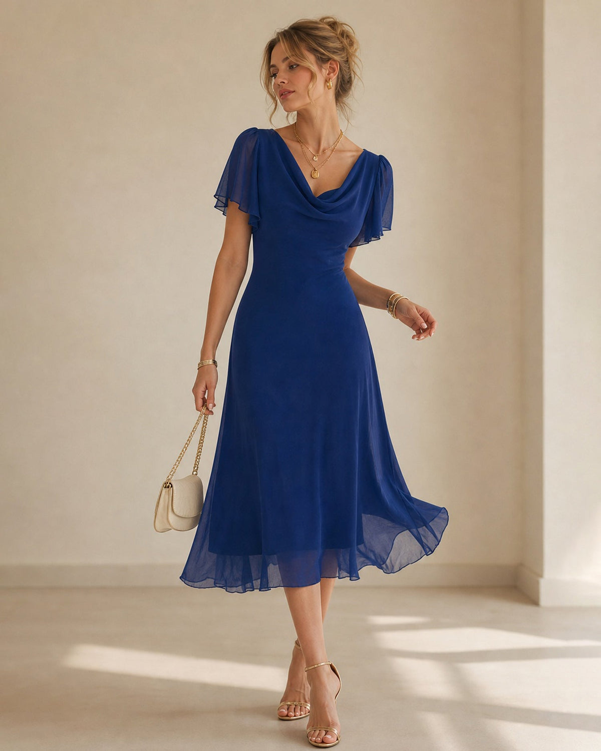 Navy Cowl Neck Mesh Midi Dress - view 4