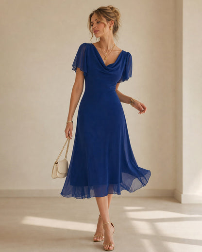 Navy Cowl Neck Mesh Midi Dress - view 4