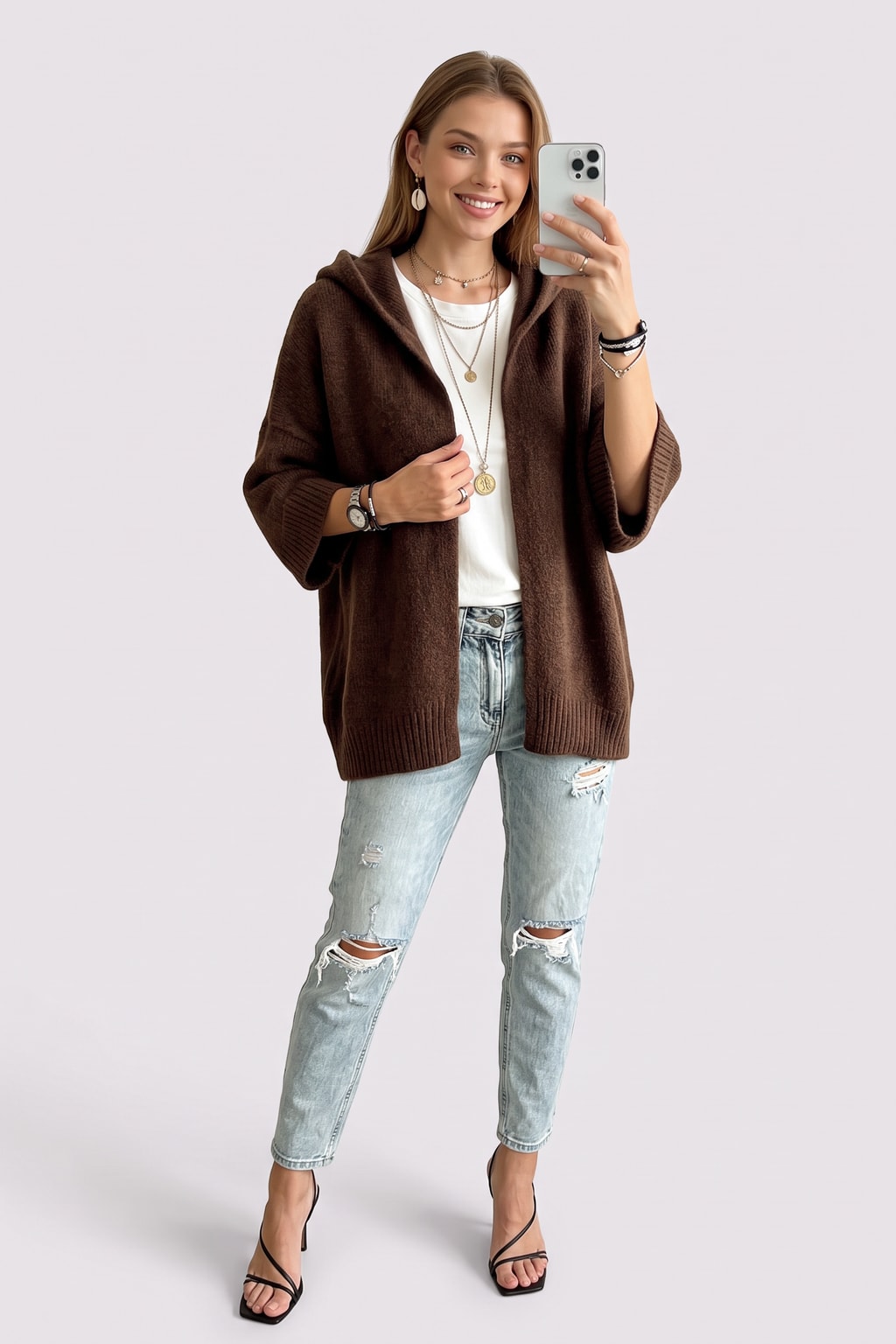 Cozy Knit Cardigan with Hooded Open Front - 2