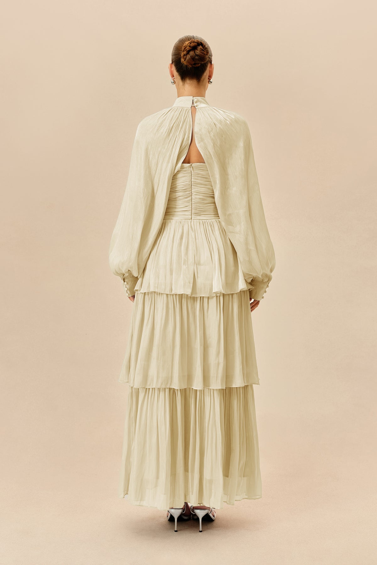 Beige Tiered Chiffon Maxi Dress with Detachable Sleeves - view 4