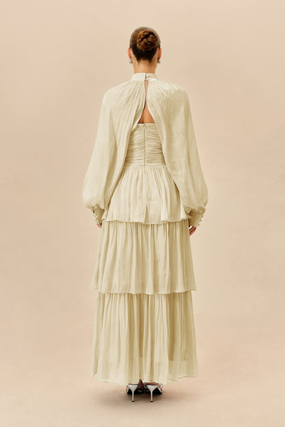 Beige Tiered Chiffon Maxi Dress with Detachable Sleeves - view 4
