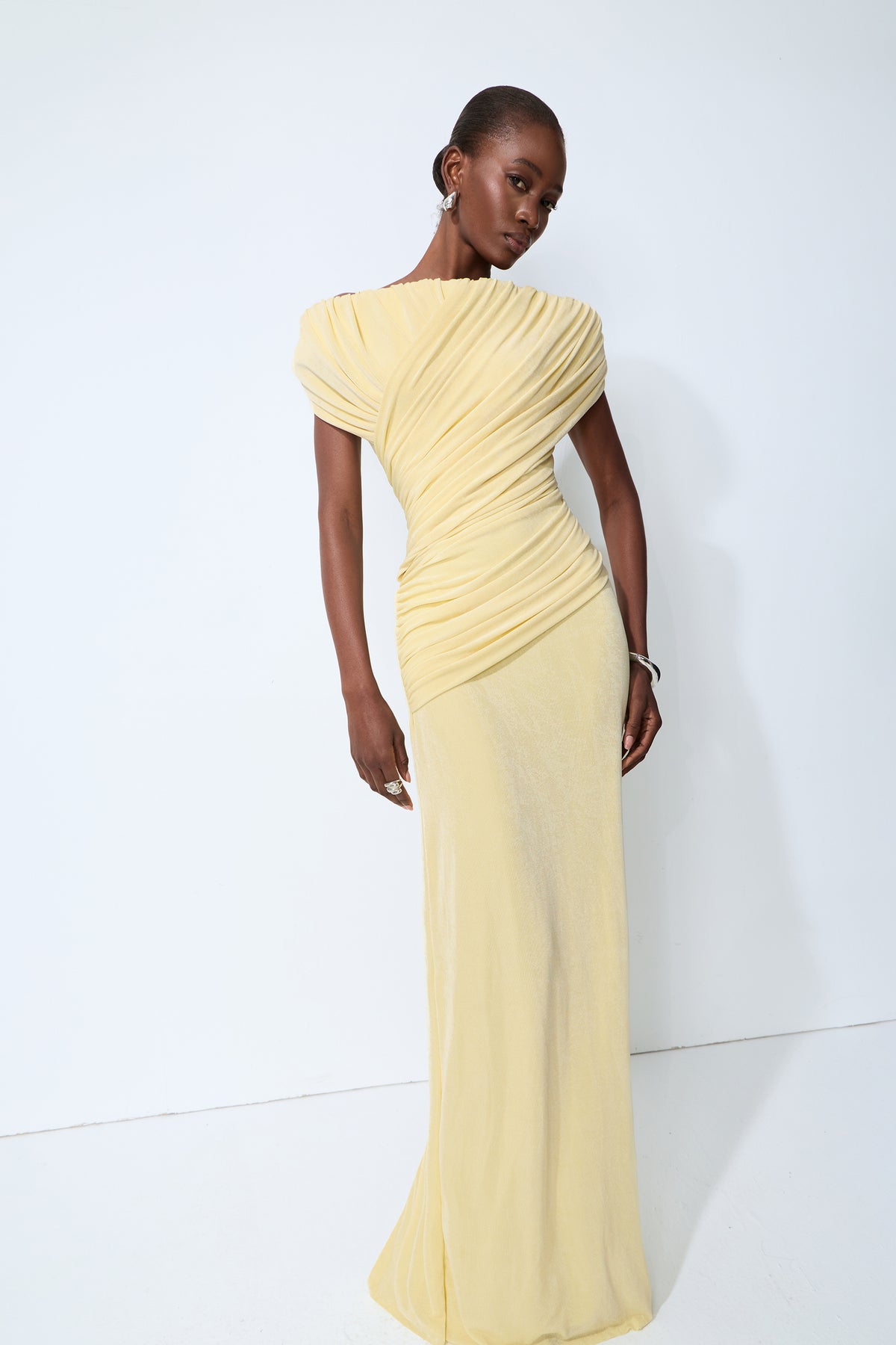 Yellow off-shoulder ruched maxi dress - view 4
