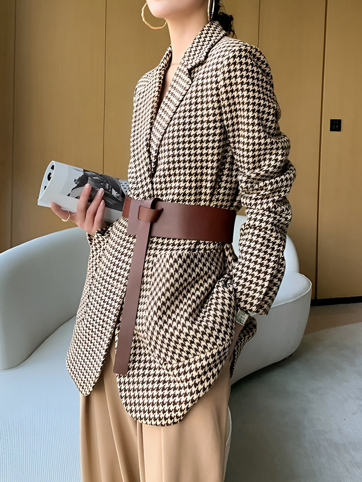 Khaki Houndstooth Belted Blazer, Split Back - view 3