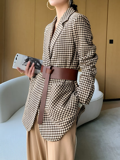 Khaki Houndstooth Belted Blazer, Split Back - view 3