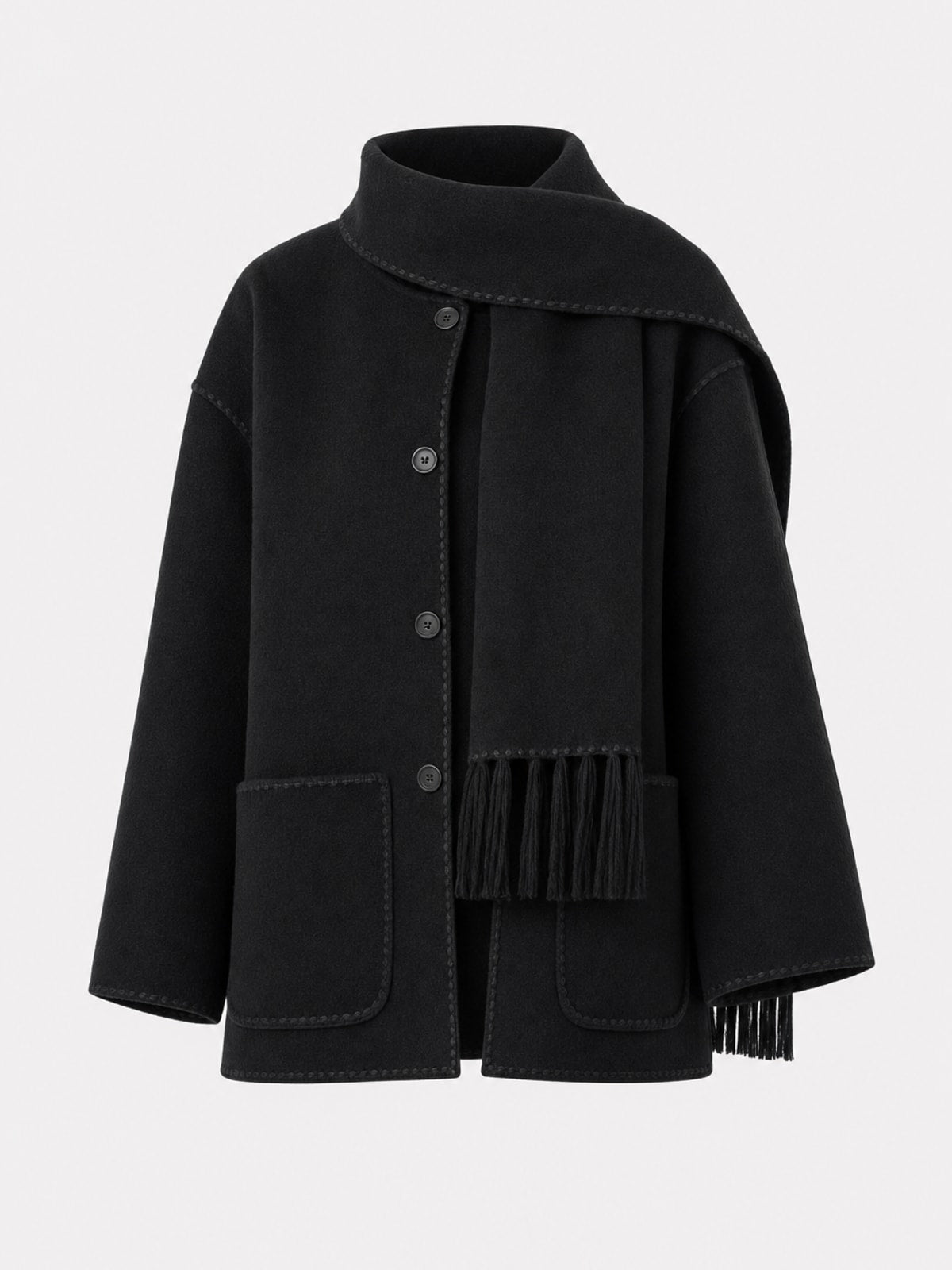 Cozy Wool-Blend Draped Coat With Attached Scarf - 1