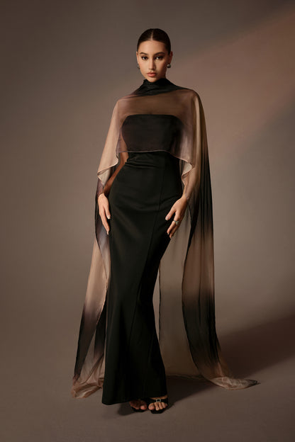 Black strapless maxi dress with sheer gradient cape - view 2