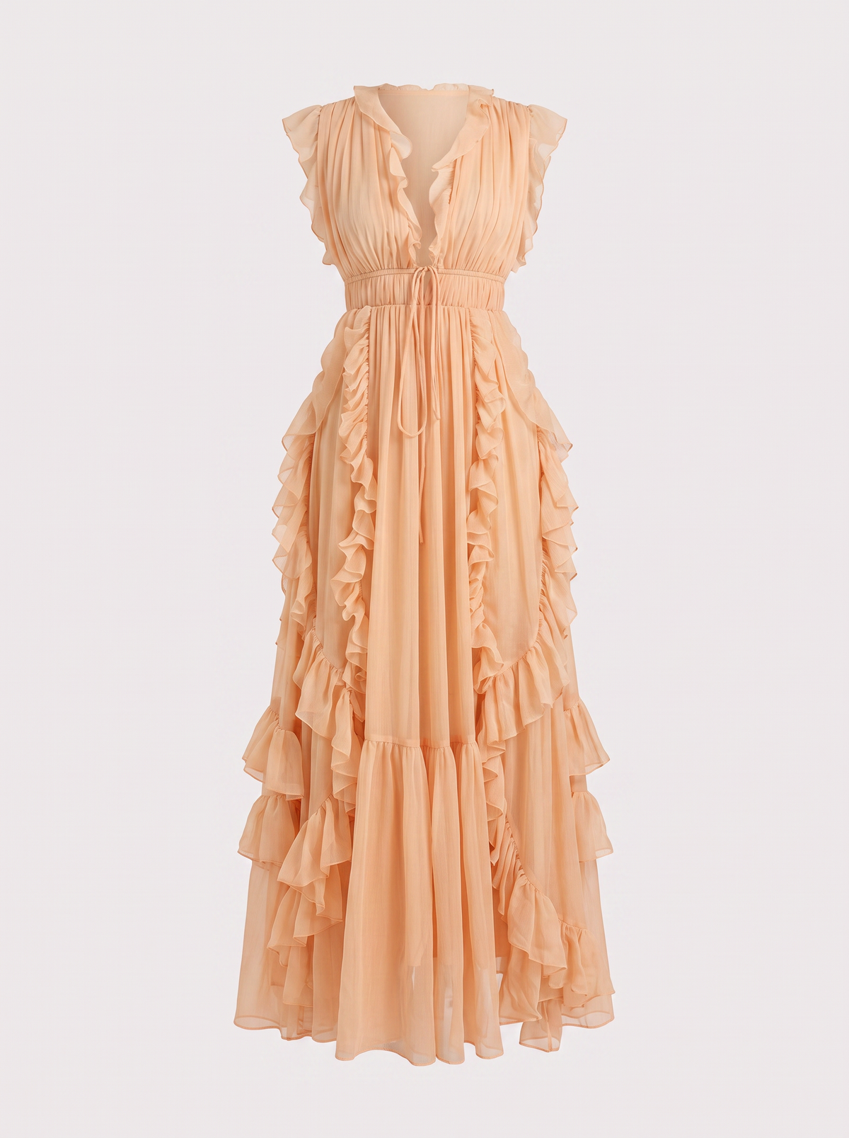 Pink Deep V Tiered Ruffle Chiffon Maxi Dress