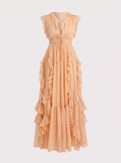 Pink Deep V Tiered Ruffle Chiffon Maxi Dress
