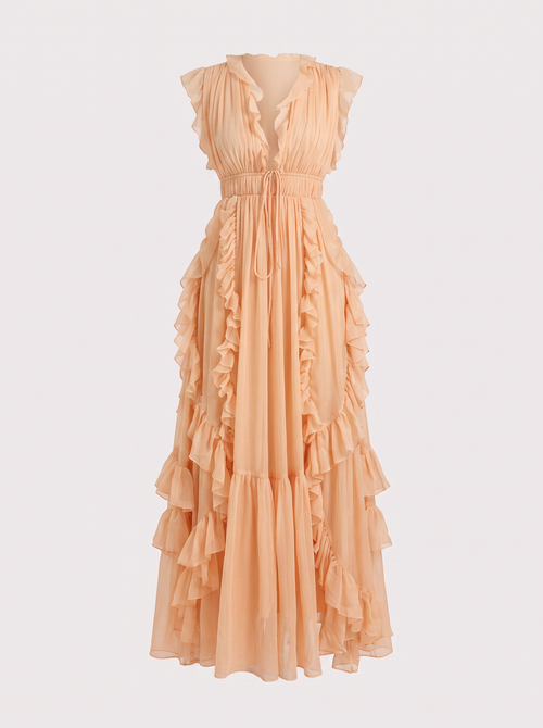 Pink Deep V Tiered Ruffle Chiffon Maxi Dress