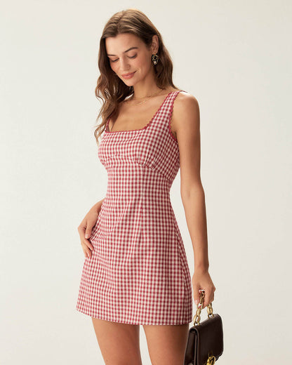 Red plaid cotton slip mini dress with square neck - view 2