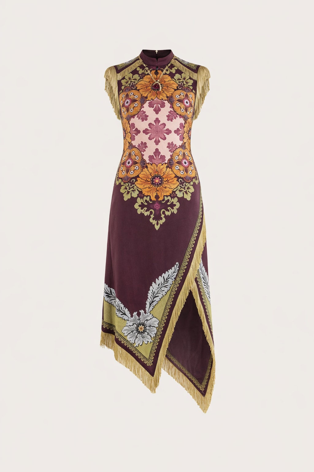 Satin Maxi Dress With Asymmetrical Fringe Hem - 1